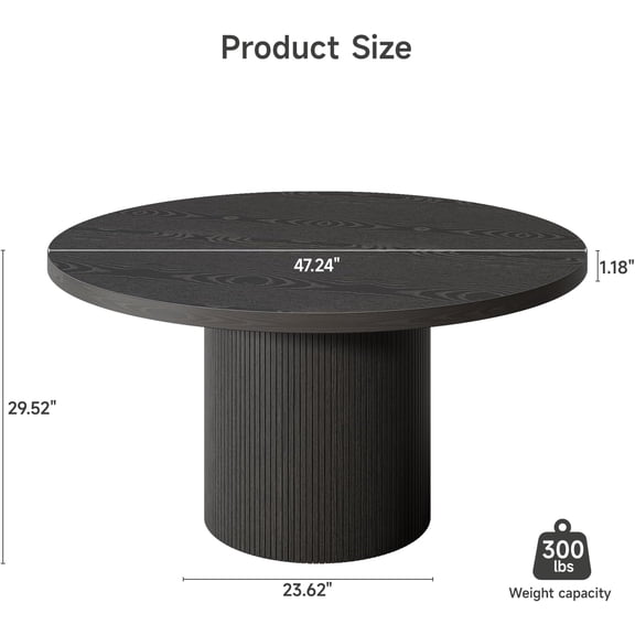 47 Inch Round Dining Table for 4-6, Fluted Kitchen Table with Wood Strip Base, Mid  Modern Circle Dinner Tables for Dining Room, Kitchen, Black