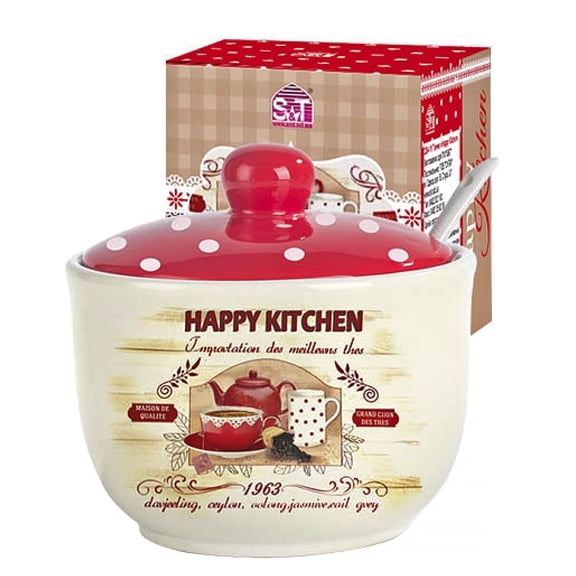 STP GOODS Happy Kitchen Ceramic Sugar Bowl with Spoon and Lid 15.2 fl oz (450 ml) Sugar Jar Sugar Container for Kitchen 4.3x3" (11x7.5 cm), Red and Ivory