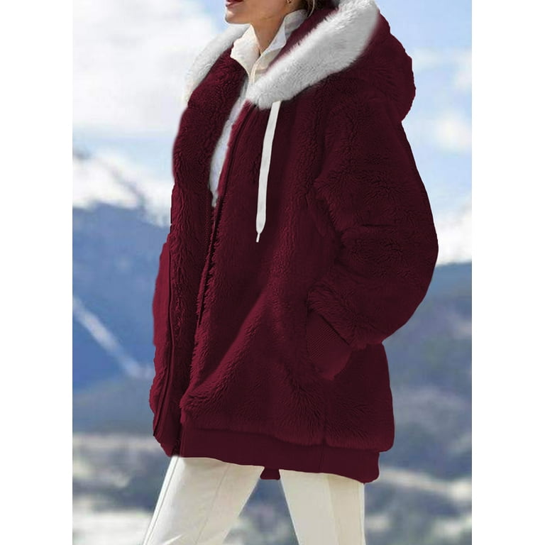 Womens Fuzzy Fleece Shacket Hooded Color Block Patchwork Cardigan Coats Outerwear with Pockets L Red Female Walmart