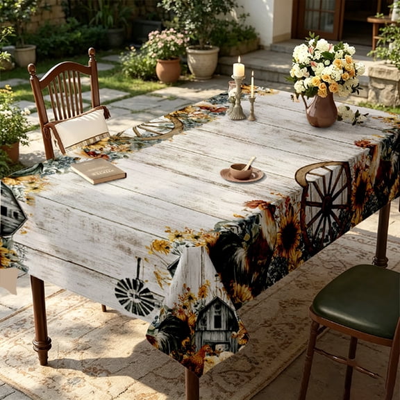 Retro Rustic Country Sunflower Rooster Farm Print Tablecloth, Thanksgiving Family Reunion Holiday Dinner Dining Decor, Thanksgiving Christmas Gift