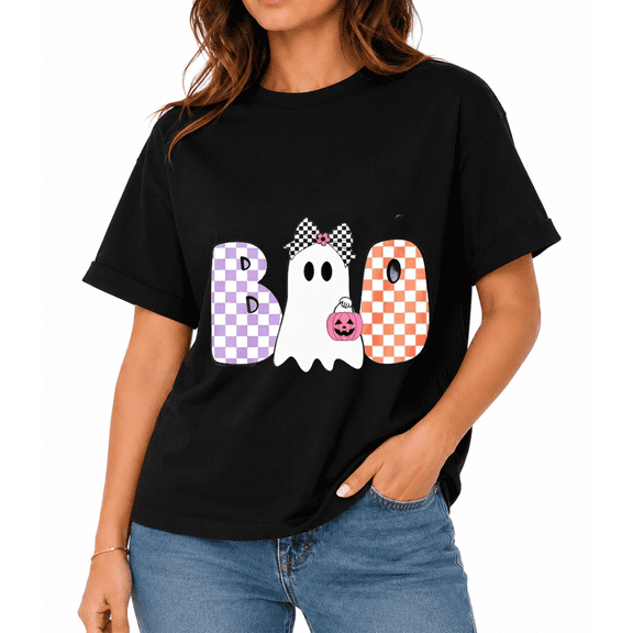 Women's Playful Ghost Halloween Graphic T-Shirt, Fall Party Casual Short Sleeve Tee