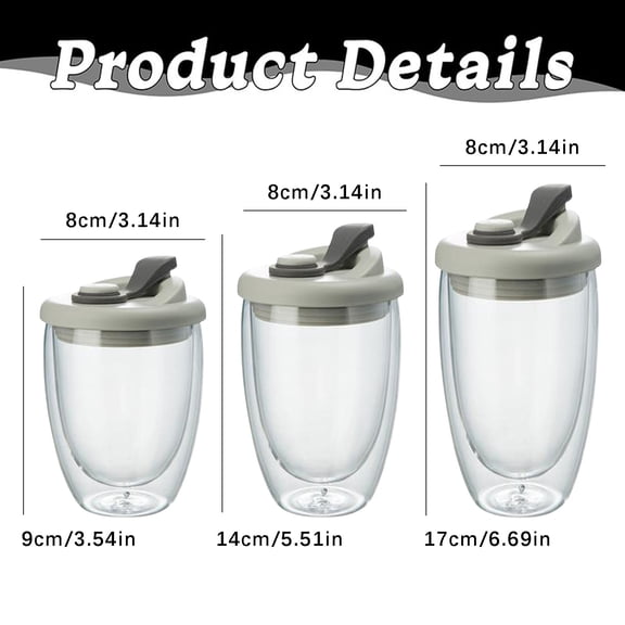 Insulated Double Wall Glass Coffee Cup, 450Ml Clear Travel Mug with Lid for Coffee, Tea, Milk, Latte, Juice, Thermal Beer Mug,Grey By Kilougeis