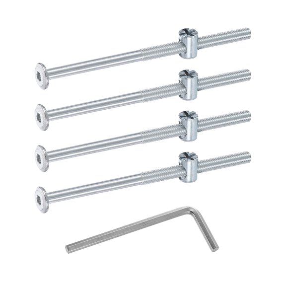 Uxcell 4 Pack Bed Frame Bolts, M6 x 110mm Hex Socket Head Screws Bolts Barrel Nuts Bunk Bed Bolts Furniture Screws with Rice-shaped Head Barrel Nut and Wrench for Chairs Cots, Silver