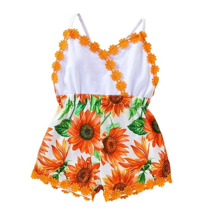 

Summer Toddler Girls Romper Playsuit Flower Stitching Sleeveless Sling Leaf Print Backless Jumpsuit