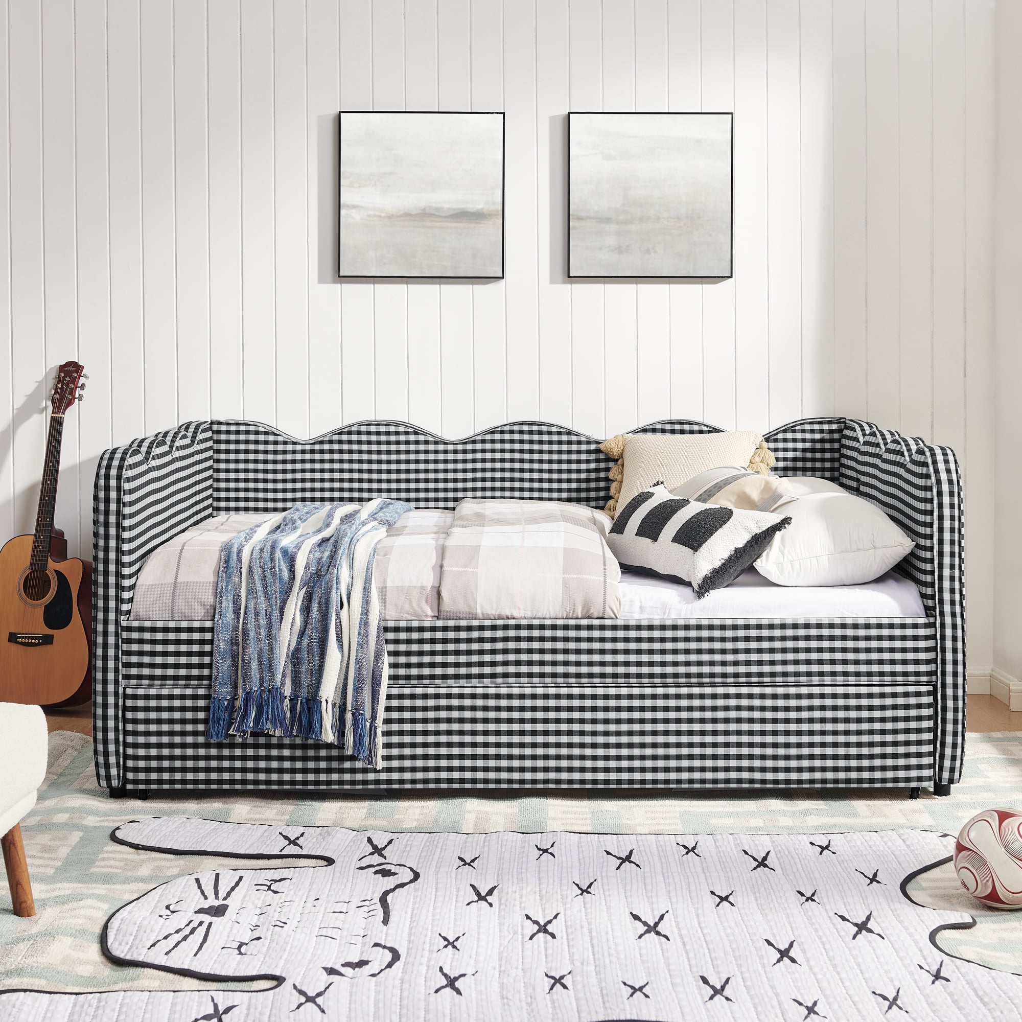 Full Size Daybed with Trundle and USB Port Upholstered Sofa Bed Gingham Linen Kids Guest Bed Frame, No Box Spring Needed, Black