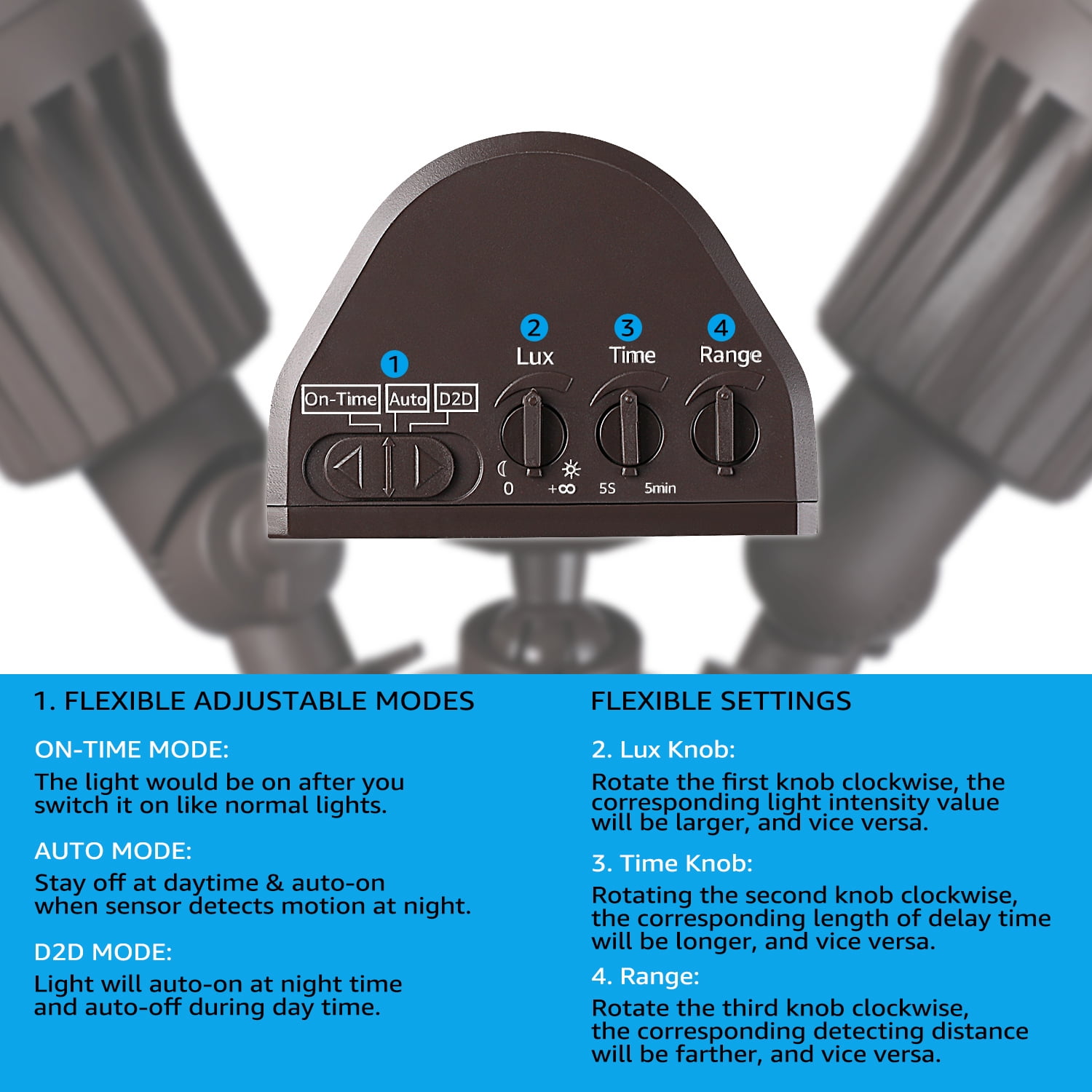 4 Pack Adjustable 2-Head Outdoor COB LED Security Light, Motion Sensor Floodlight, 3 Modes (Motion Detection + Dusk to Dawn + Switch Control), 100-277V, IP65 Waterproof, 5000K Daylight, Bronze