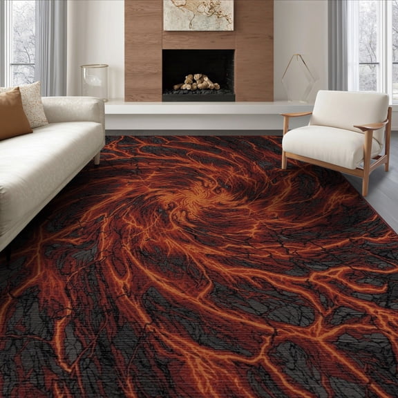 ODIKA 8'x10' Washable Area Rug Durable, Non-Slip Volcano Crimson Deep Flow Cracked Rock Formation Vortex Pile for Living Room, Under Sectional, Family