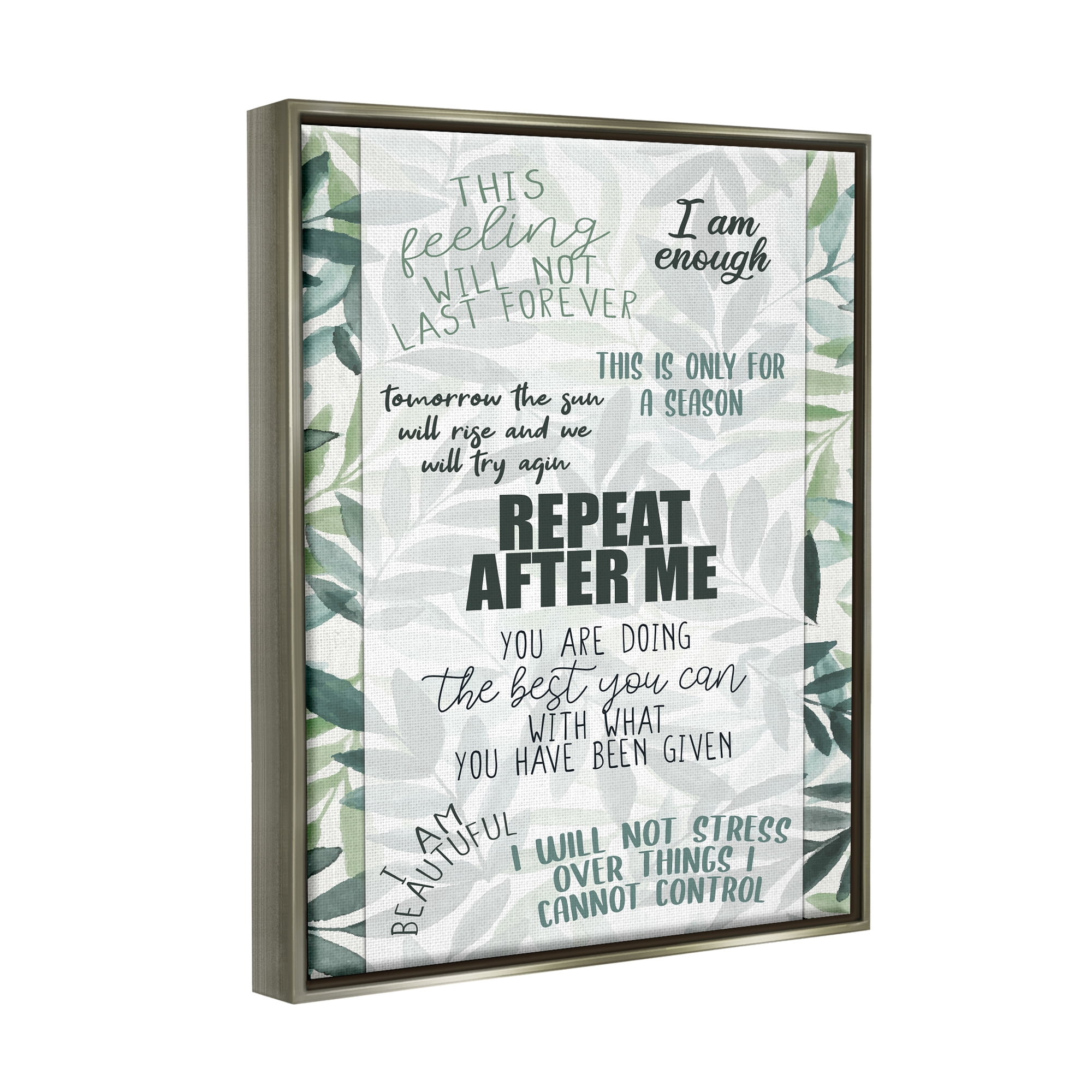 Stupell Repeat After Me Uplifting Motivational Botanical & Floral Painting Gray Floater Framed Art Print Wall Art