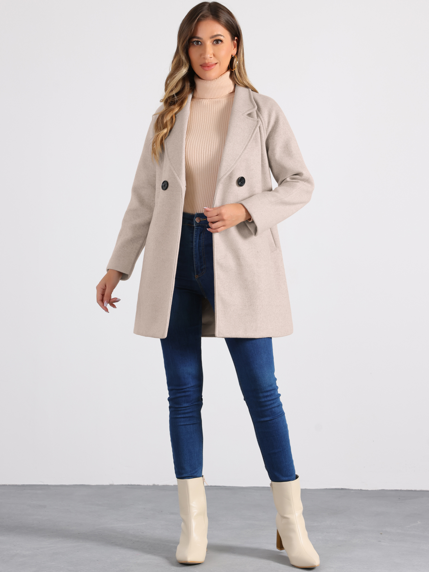 DARING DIVA Women's Notched Lapel Double Breasted Raglan Sleeve Coat Light Grey S