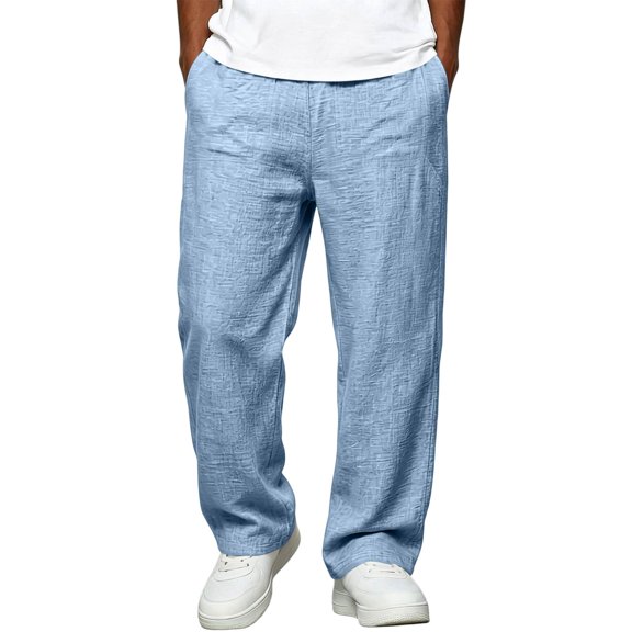 Dweltoz Men Linen Cargo Pants Baggy Elastic Waist Trousers Lightweight Breathable Wide Straight Leg Workwear with Pockets,Sky Blue L