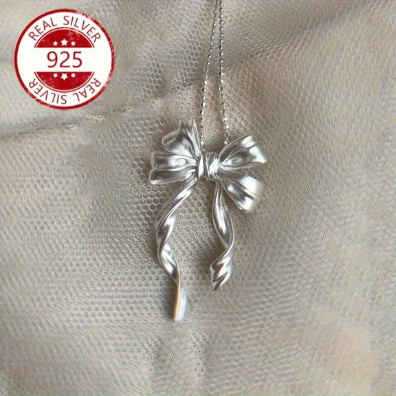 [Sterling Silver Bow Tassel Necklace] Retro 925 Sterling Silver Double-Layer Bow Tassel Pendant Necklace - Hypoallergenic, Bead Chain - Perfect for Valentine's Day,Matte Bow Necklace
