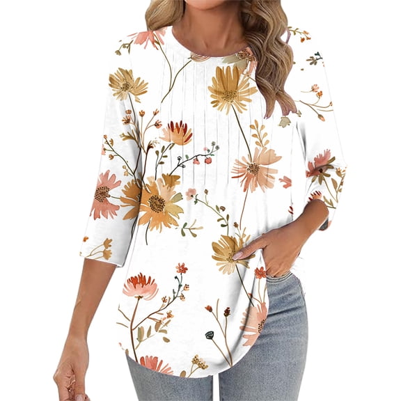 Jsaierl Women's 3/4 Sleeve Tops Summer Round Neck Shirts Trendy Graphic Petite Pleated Blouses Flowy Dressy Tunic Top S-2XL