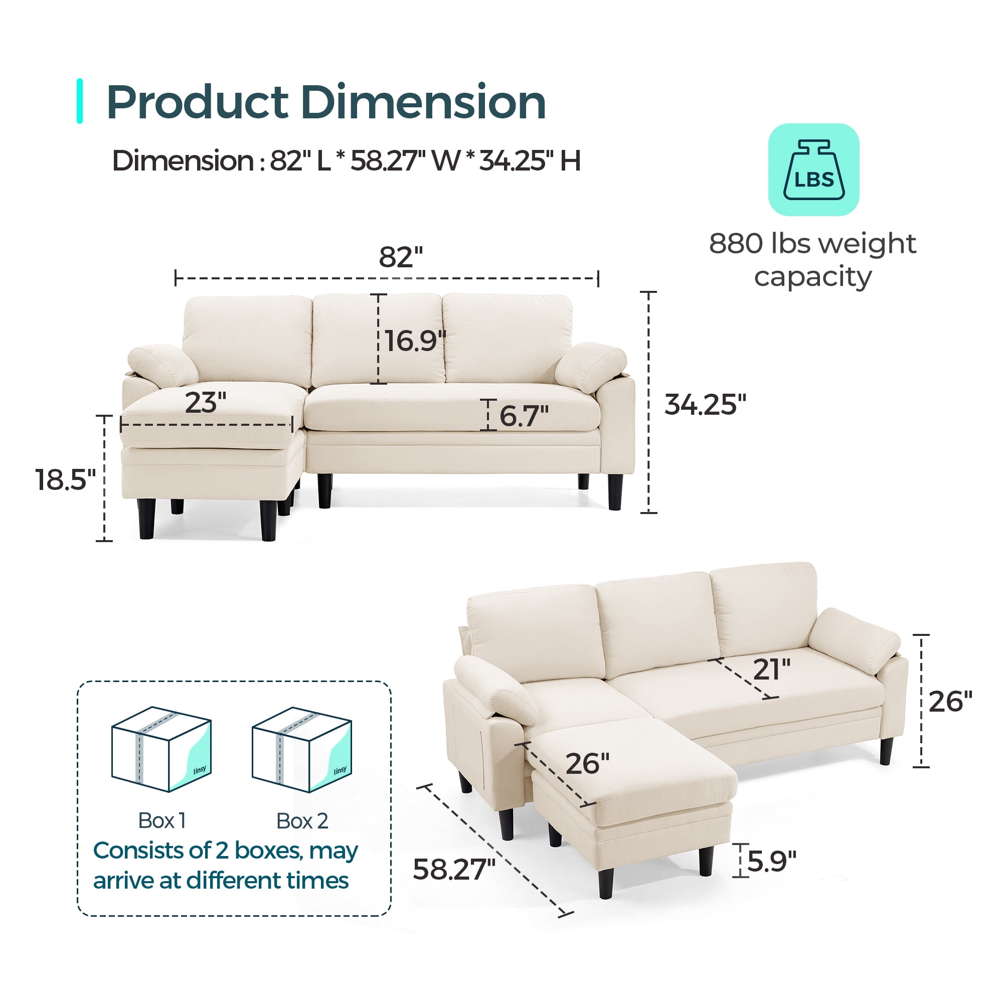 LINSY HOME 82" Reversible Sectional Sofa Couch, 3 Seater L -Shaped Sofa with Movable Ottoman for Living Room, Beige