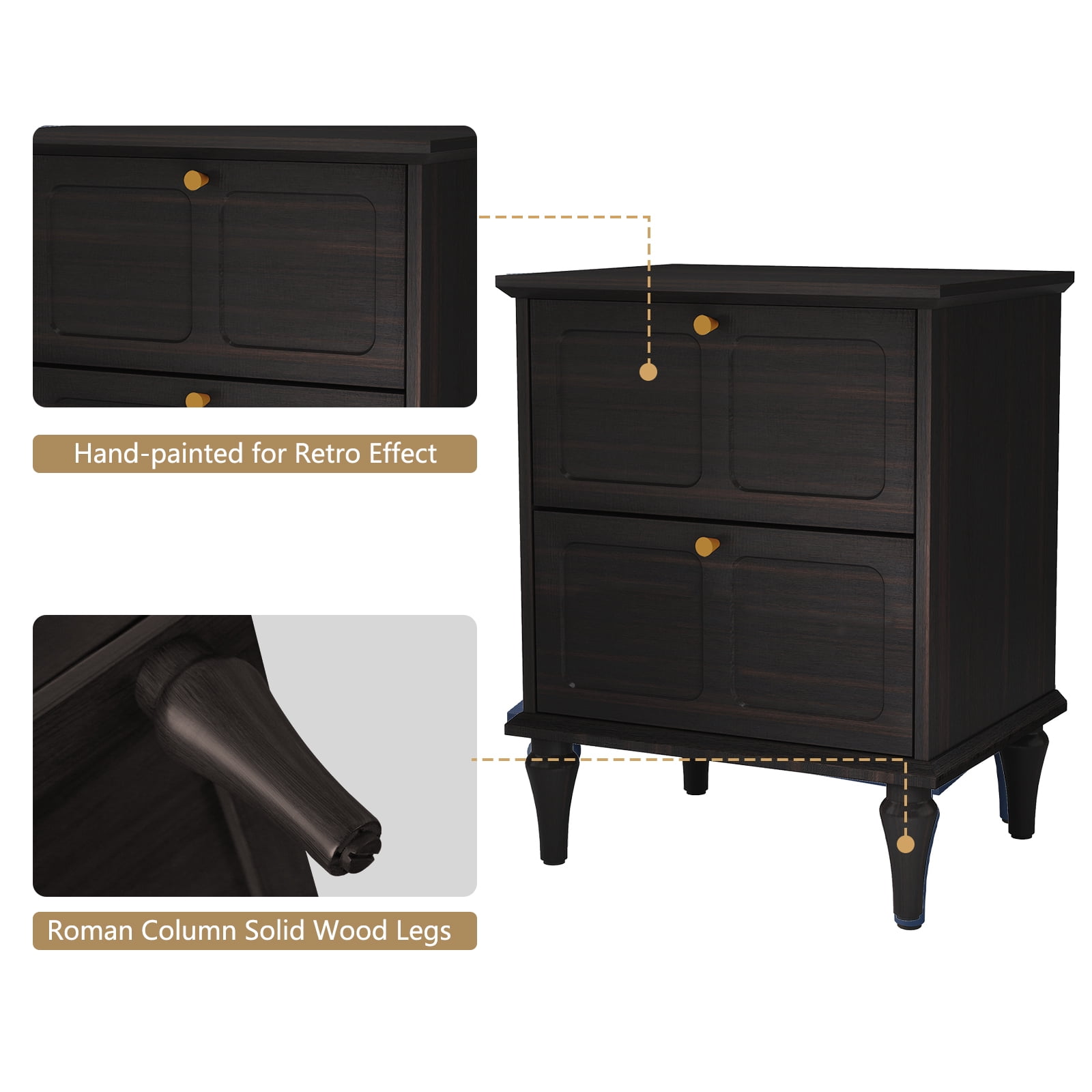 HLR 20" Mid Century Nightstands Set of 2 with Drawers, Wood Bedside Table End Table for Bedroom, Black