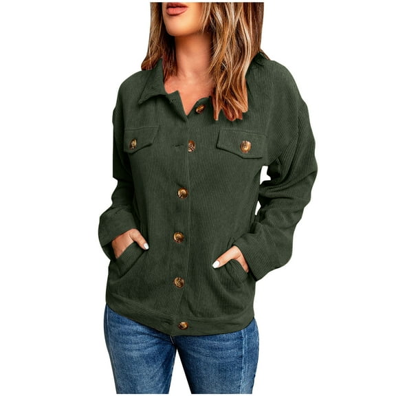 Herrnalise Women's Corduroy Button Down Shirts Casual Long Sleeve Oversized Jacket Shacket Coat with 4 Pockets Green,M