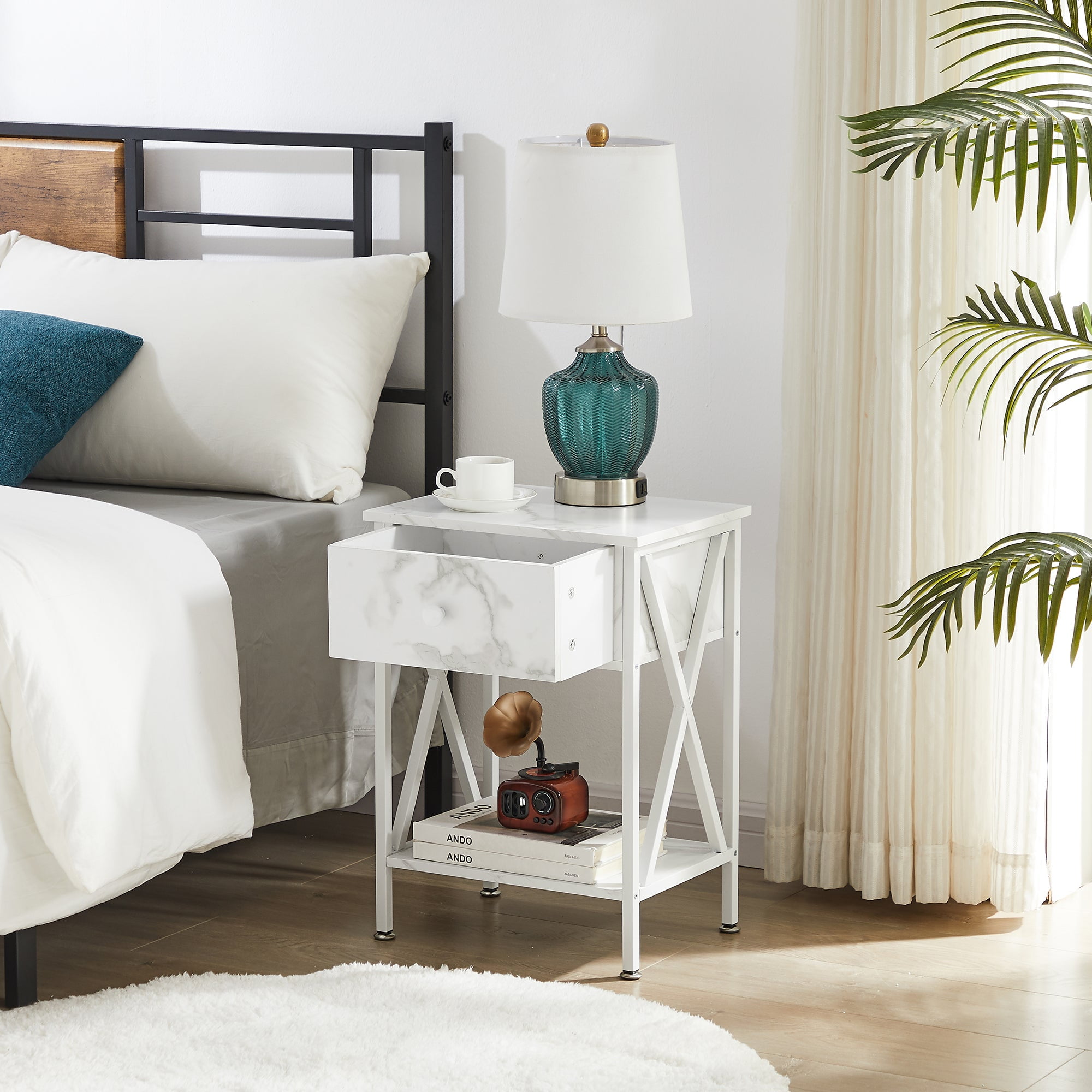 VECELO Set of 2 Nightstand with Drawer and Open Storage Shelves, Bedside End Table for Bedroom Living Room, White