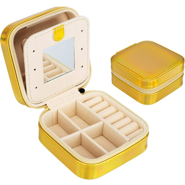 Mini joyero portátil (dorado) - Joyero de viaje de cuero de doble capa con espejo - Para anillos, pendientes, collares, pulseras y joyas - Regalo