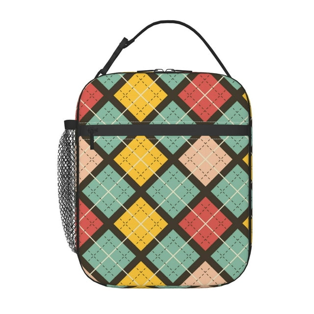 YFYANG Sac Portable Lunch Réutilisable Adulte / Enfants, Retro Geometric Plaid Pattern Mains Libres Poignée Isolation / Sac Froid pour l'École, le Travail, les Pique-Niques, Voyage