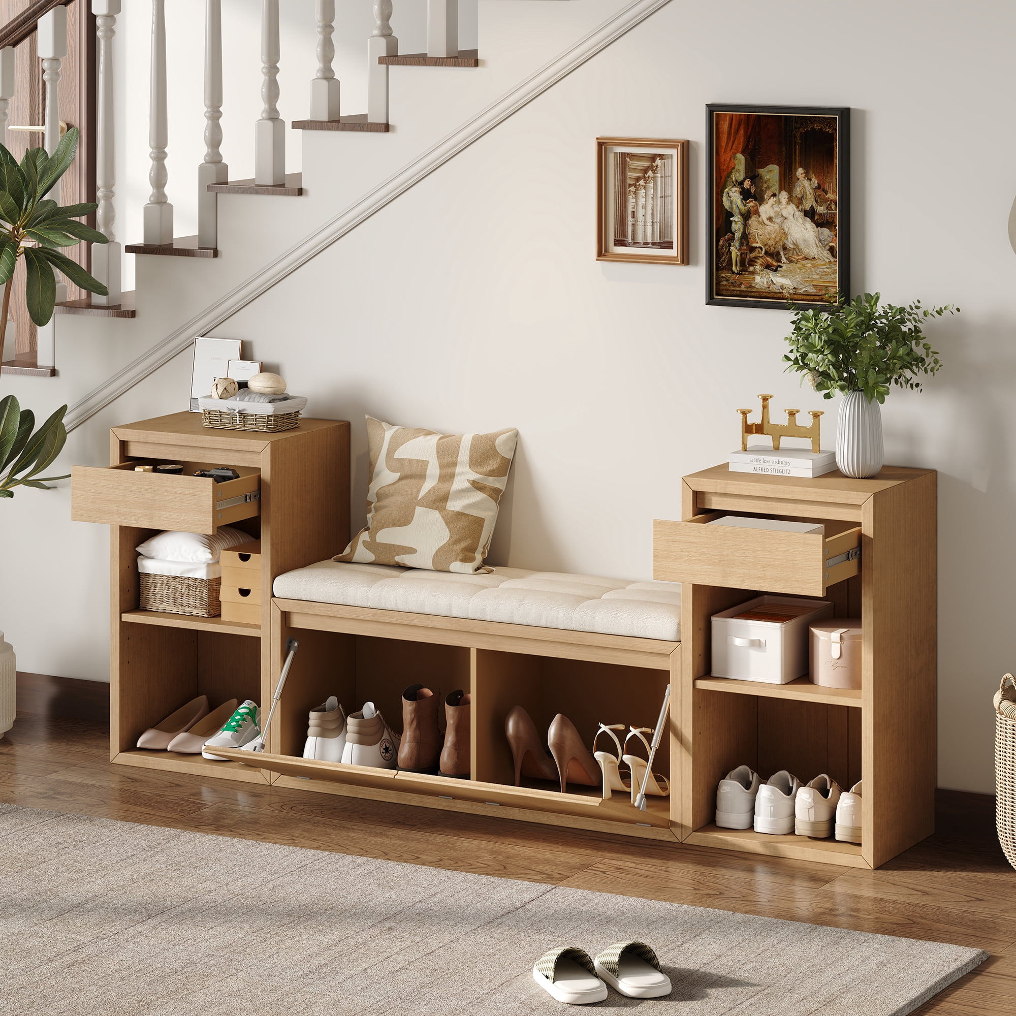 Euroco All-in-One Entryway Storage Bench with Cushion,3-Tier Shoe Bench with Open Shelves, 2 Drawers & 2 Doors, 77" Long Organizer Cabinet for Hallway,Entryway, Living Room, Bedroom,Brown