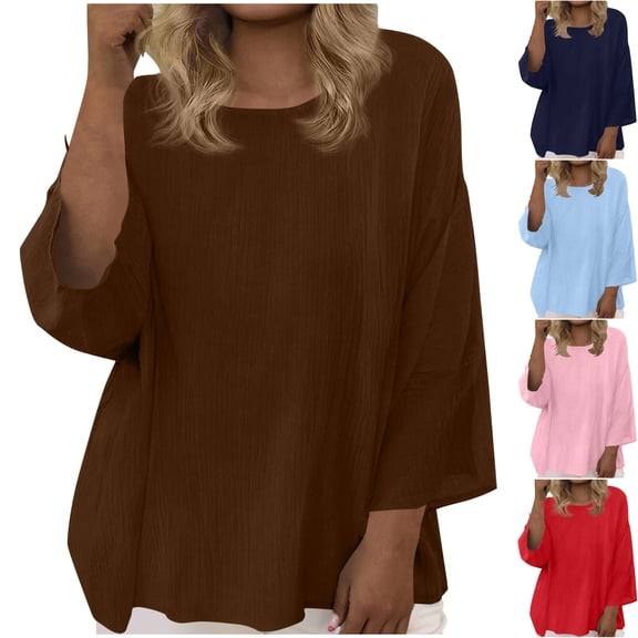 Women's Plus Cotton Gauze 3/4 Sleeve Flowy Tunic Tops Round Neck Loose Fit Batwing Blouses to Wear with Leggings Fall Clothes, Brown, L