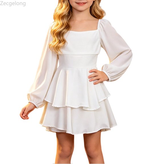 Zecgelong Girls Solid Color Long Sleeve Dress Party Performance Outfit for Kids White Size 5-14Y