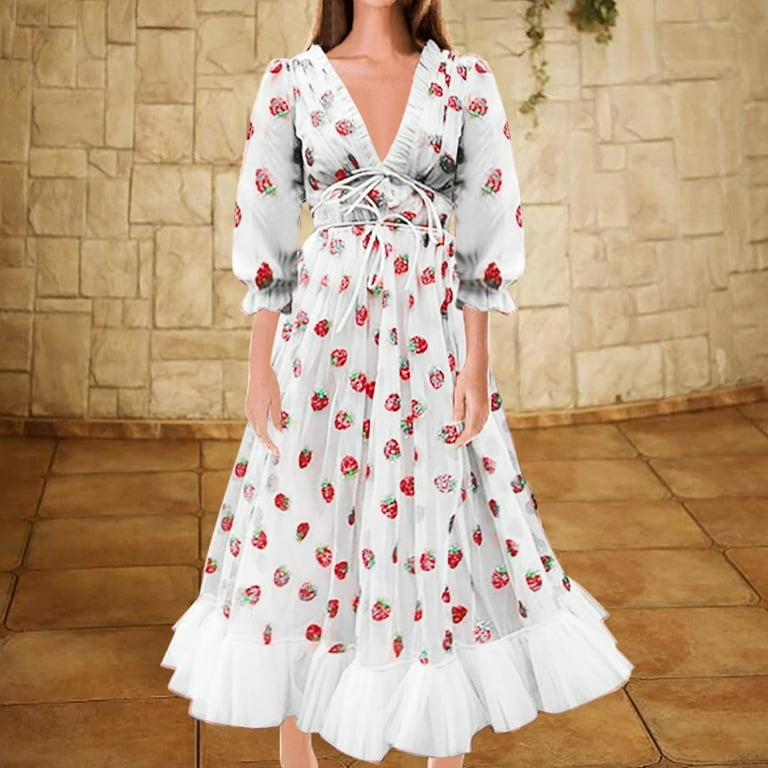 Fesfesfes Spring Dresses for Women Short Sleeve Strawberry Print