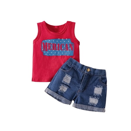 

2Pcs Boys July independence day Outfit Letter Print Sleeveless Tank Tops + Ripped Jean Shorts Set for Kids 6 Months to 5 Years