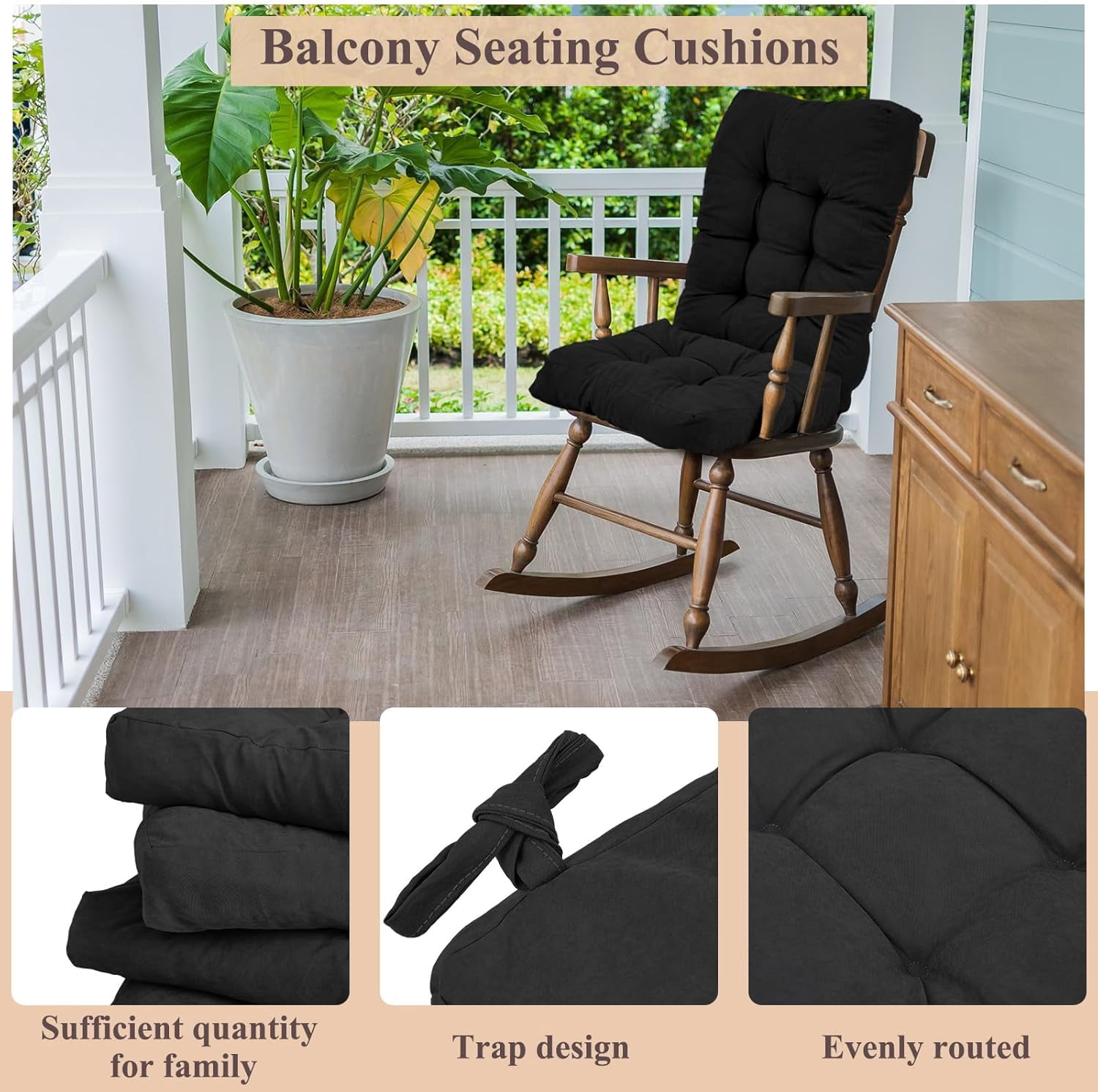 4 Sets Outdoor Patio Chair Cushions Seat High Back Tufted Pillow Replacement Rocking Chair Cushions Pads for Patio Summer Seasonal Indoor Home Office(Black)