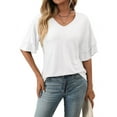 thumbnail image 2 of Womens V-Neck Tops Dressy Double Layer Bell Sleeve 3/4 Length Ruffle Sleeve T Shirts White S, 2 of 8