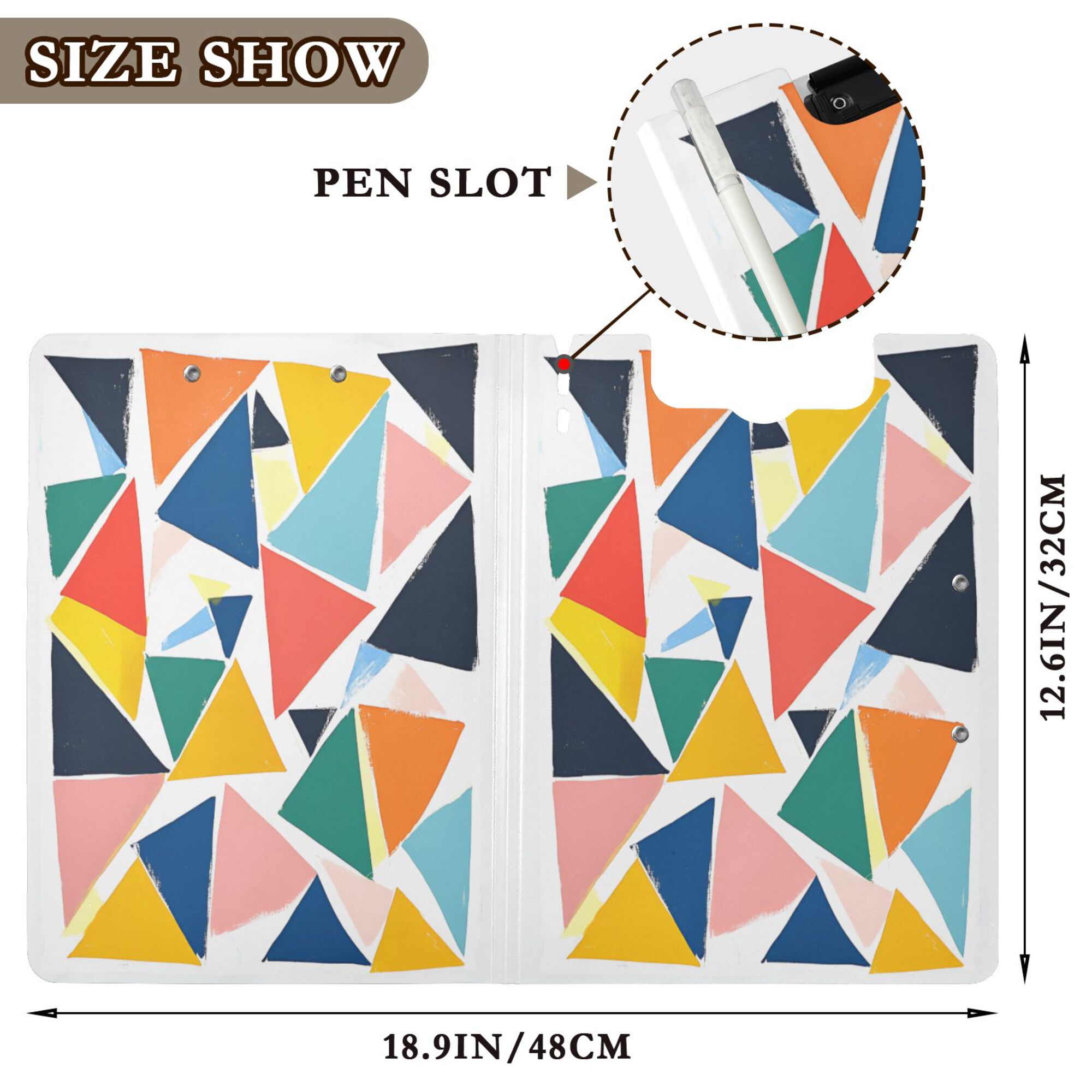 FORMRS A4 Clipboard Folder with Pen Holder Horizontal Foldable School Office Binder, Red Triangles