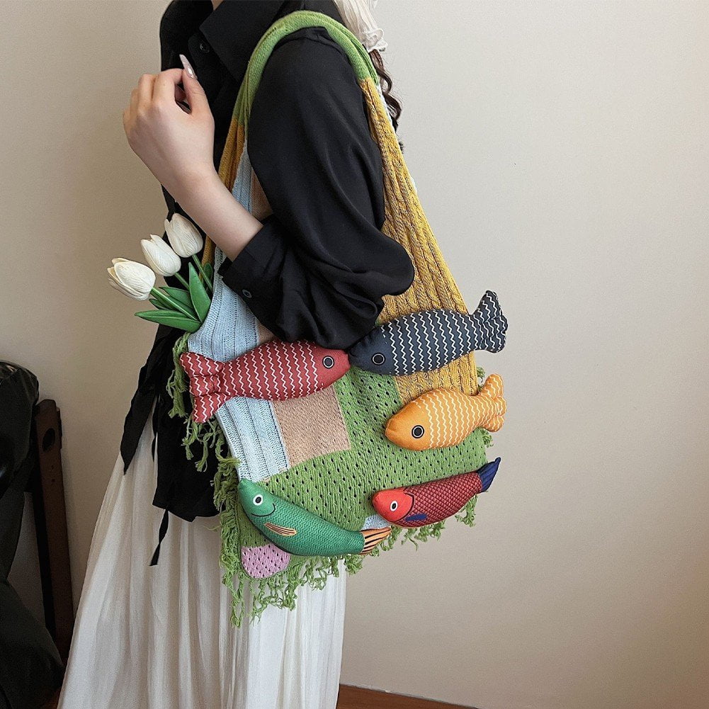 Jiibva Crochet Beach Shoulder Bag for Women Summer Tote handbags Shoulder Boho Bag with Handmade Fish for Summer Vacation