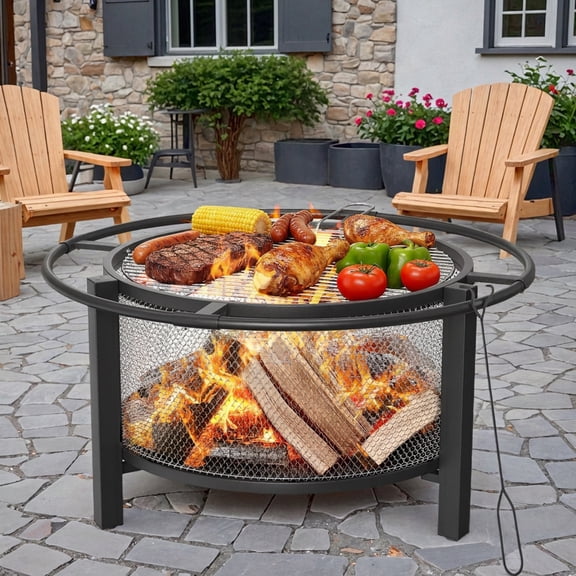 Dovov 32 inch Round Outdoor Fire Pit with Grill and Poker, Wood Burning Firepit Large Steel Firepit for Outside Bonfire, Backyard, Patio, Picnic, Camping, BBQ, Black