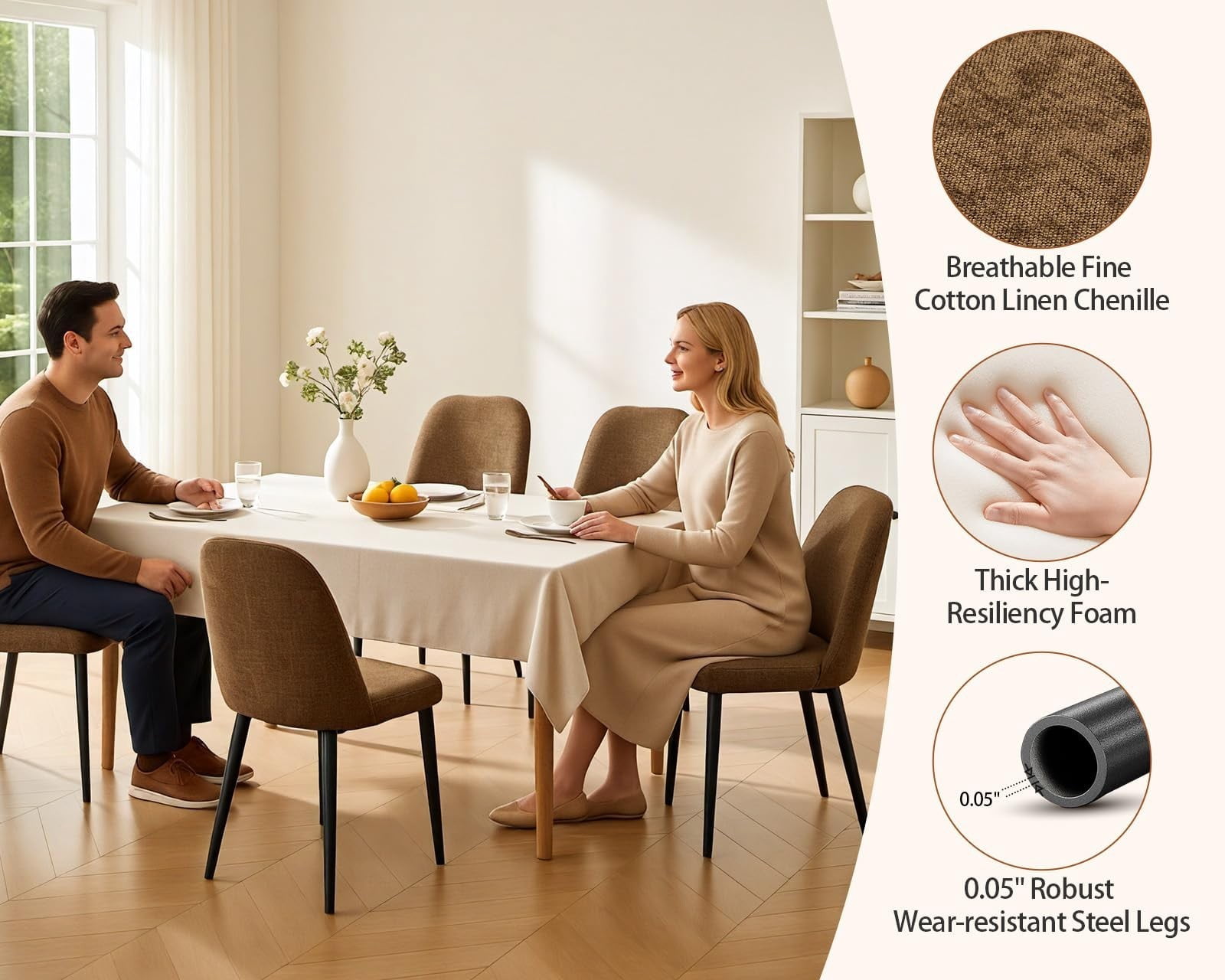 Fabric Dining Chairs Set of 4, Dark Brown Upholstered Kitchen Chairs with Ergonomic Backrest and Metal Legs, Modern Armless Side Chairs for Dining Room, Restaurant, Living & Meeting Room