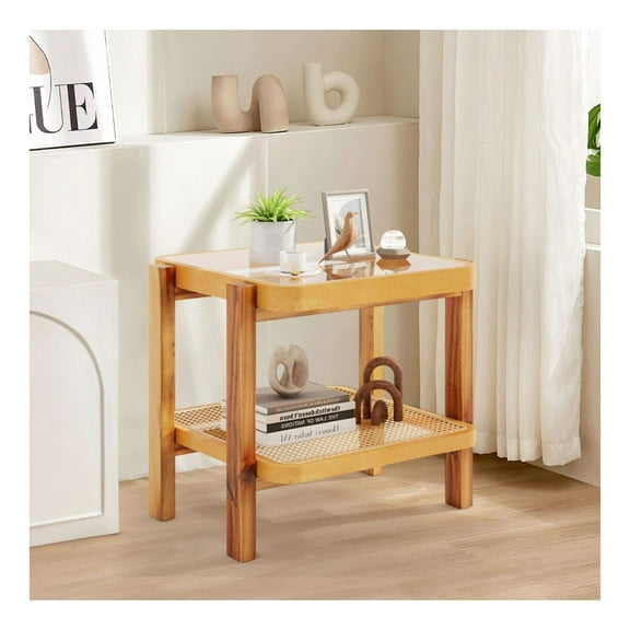 Rattan End Table with Tempered Glass Top - 2-Tier Side Table - Acacia Wood Legs - Boho Chic Living Room/Bedroom Furniture