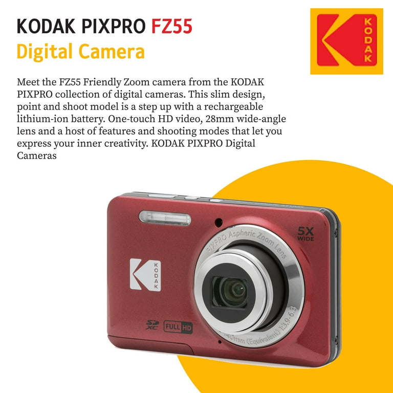 Kodak PIXPRO FZ55 Red, 16MP Digital Camera, 5x Optical Zoom, 28mm