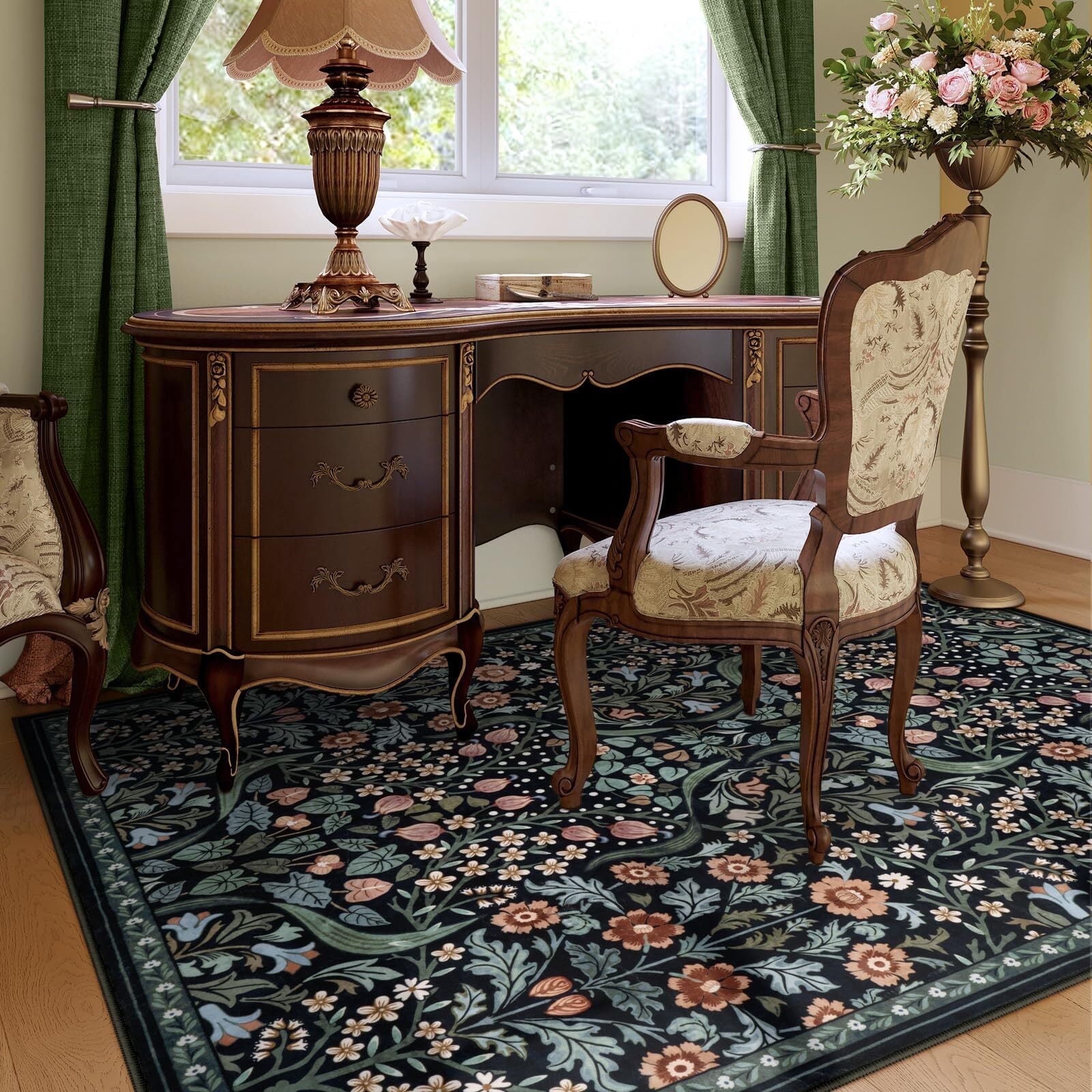 Lahome Floral 5'x7' Living Room Area Rug, Soft Washable Rugs for Bedroom, Non Slip Ultra Thin Boho Rug Botanical Stain Resistant Floor Carpet for Dining Room Home Office, Black
