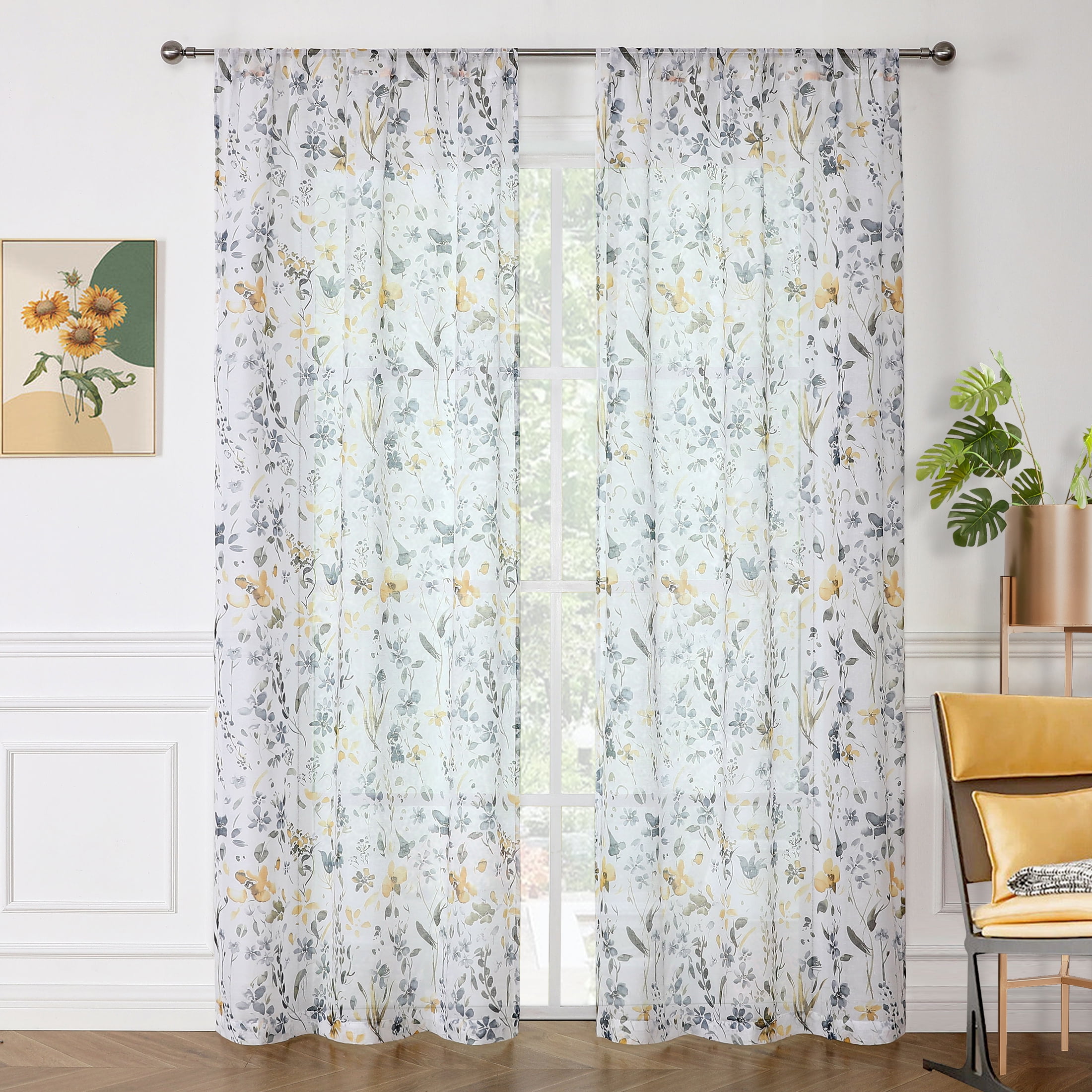 Fragrantex Yellow Sheer Floral Curtains 63 Inch Length Watercolor
