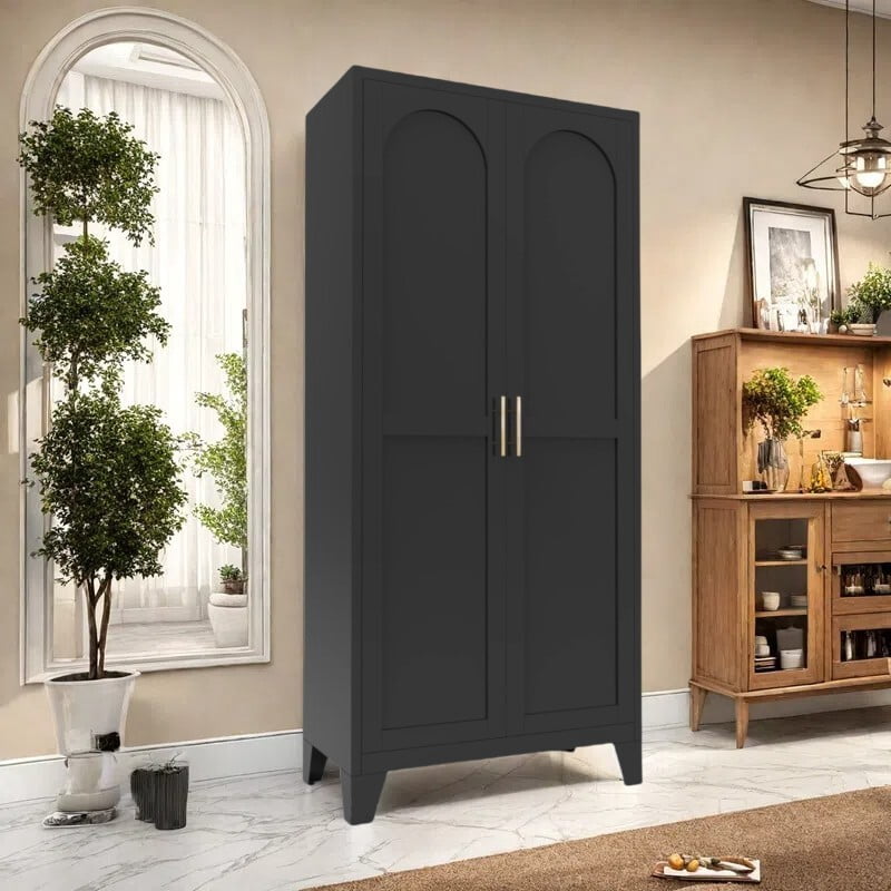 avobird 61'' 2 Shapely Doors Cabinet, Metal Storage Cabinet with Doors and Adjustable Shelves, for Bedroom, Living Room, Kitchen, Black