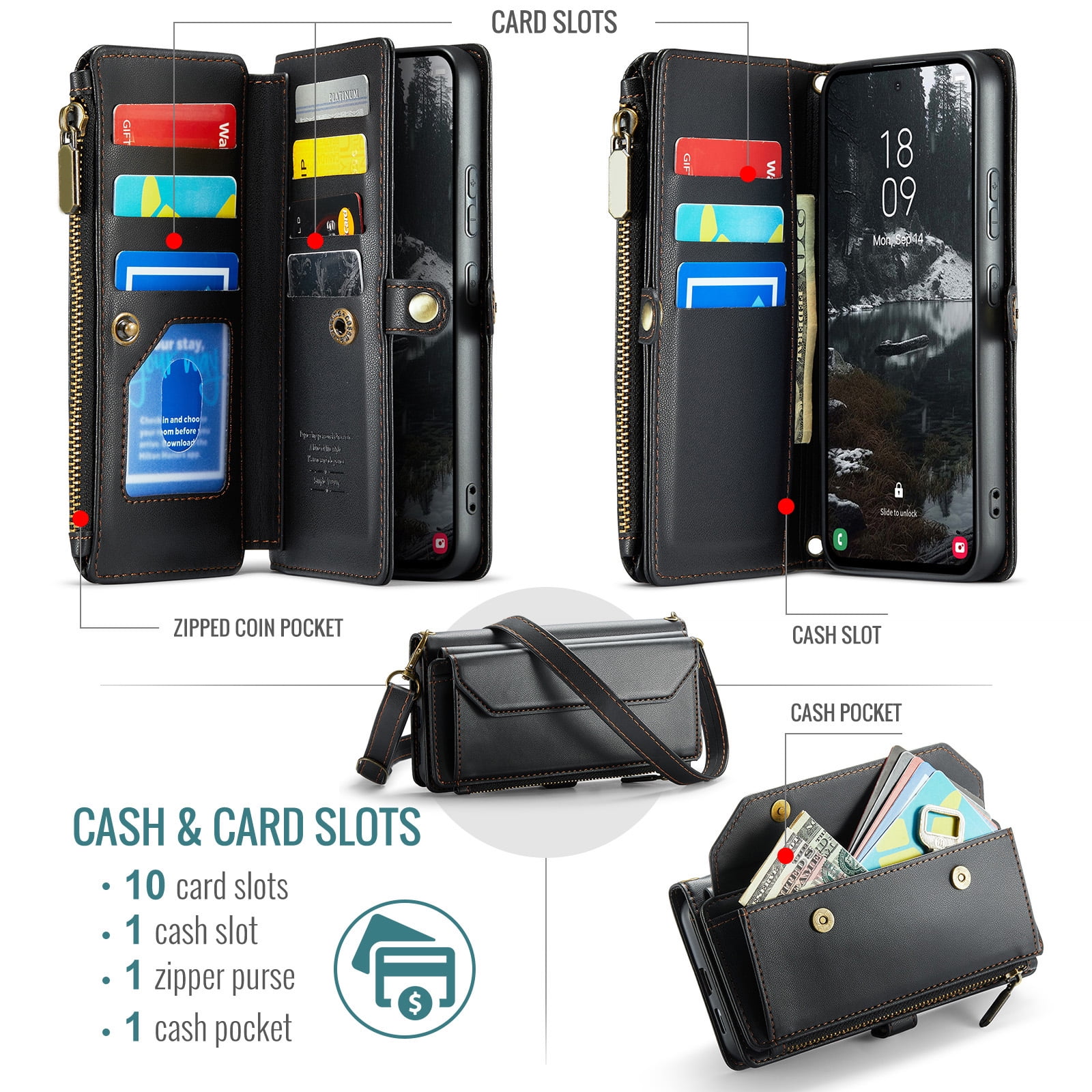 Compatible with Samsung Galaxy S25 Edge 5G Zipper Wallet Phone Case Tempered Glass Screen Protector Crossbody Lanyard Strap Flip Card Holder Slot Cell Cover for S25Edge 25S S 25 25Edge Women Black