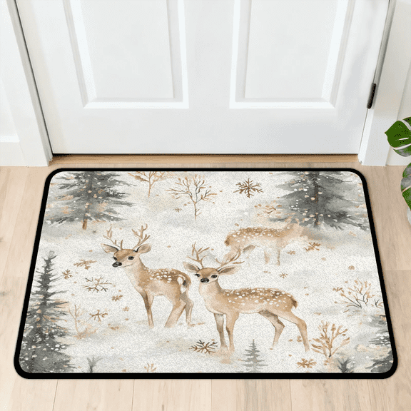 CURLYOOT Deers and Trees Winter Indoor Doormat, Non-Slip Absorbent Door Mat 24" x 16", Entrance Floor Mat Washable Entry Doormats for Entryway Front Back Door