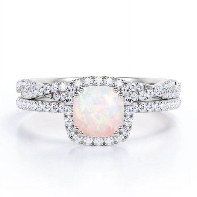 JeenMata Juego de Anillos de Boda con Halo Ópalo Arcoíris de Talla Cojín de 1,5 Quilates y Moissanita: Juego de Anillos de Boda con Infinito Trenzado Pavé: Baño de Oro Blanco de 18 K sobre Plata