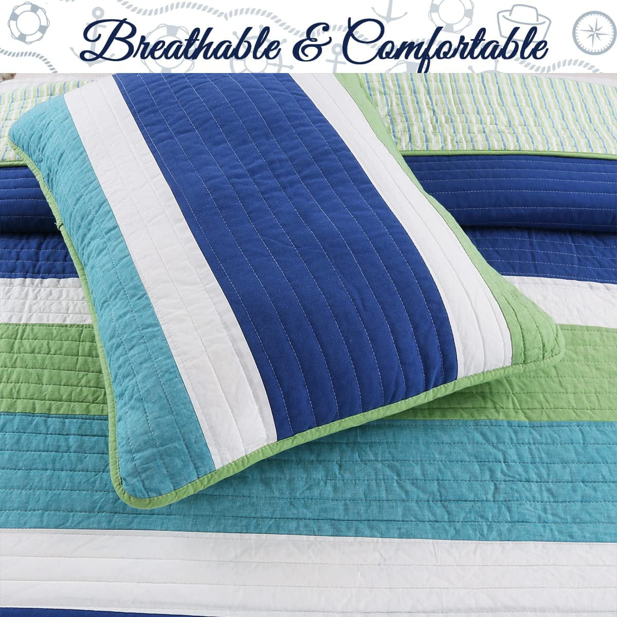 Cozy Line Home Fashions Cotton Blue Green Stripped Quilt Bedding Set, Queen 3-Pieces