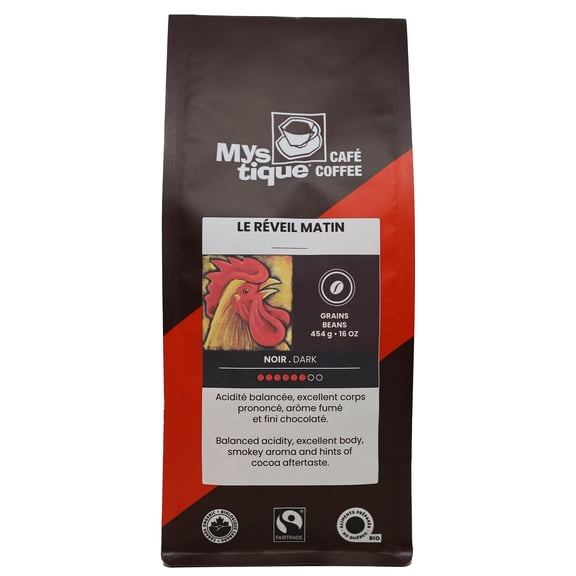 Café Mystique, le RÉVEIL MATIN, Mélange, Torréfaction Foncée, Café en Grains Entiers 100 % Arabica de Grade Spécialisé, Équitables et Biologiques, 454g