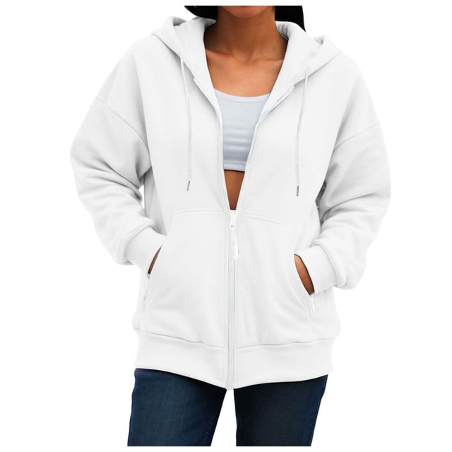 aohooy Crop Full Zip Up Hoodie Women Oversized Hooded Sweatshirt Fall Basic Plain Casual Fall Jackets with Pockets Drawstring White,XL