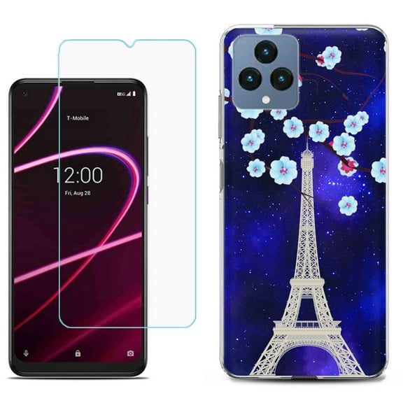 Slim-Fit Gel TPU Fashion Phone Case for T-Mobile Revvl 6 5G, with Tempered Glass Screen Protector, by OneToughShield ® - Eiffel Tower Stars