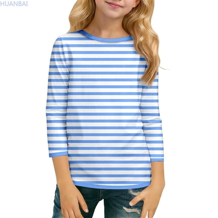 HUANBAI Stylish Color Round Neck Three Quarter Sleeve Casual For Girls Comfortable Daily Wear Fashion Tees Soft Basic T-Shirts 11-12 Years