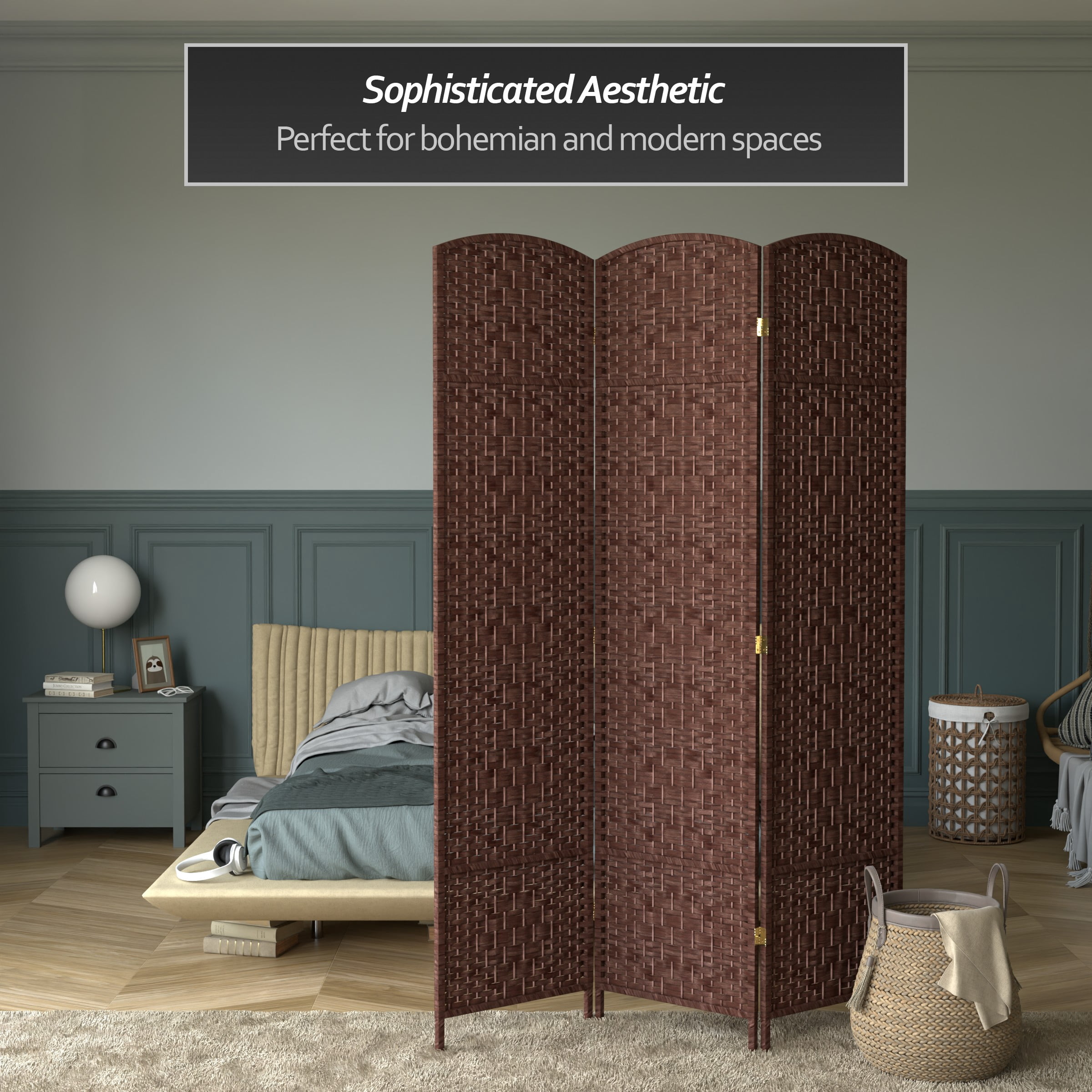 7 ft. Tall Rattan Fiber Diamond Weave Privacy Screen Room Divider - Dark Red - 3 Panels