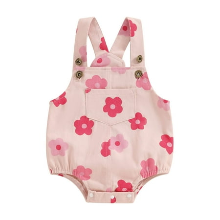 

FSDJHSDH Baby Girl Overalls Sleeveless Flower Print Denim Romper with Pocket