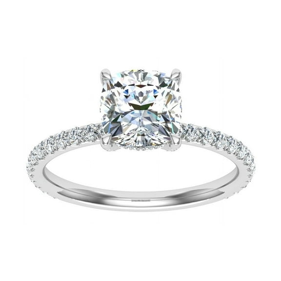 Spot Jewel 1.7 Ct Lab-Grown Diamond Ring - 14K White Gold Plated Hidden Halo Engagement Wedding Ring - Cushion Cut Solitaire with Accents Diamond