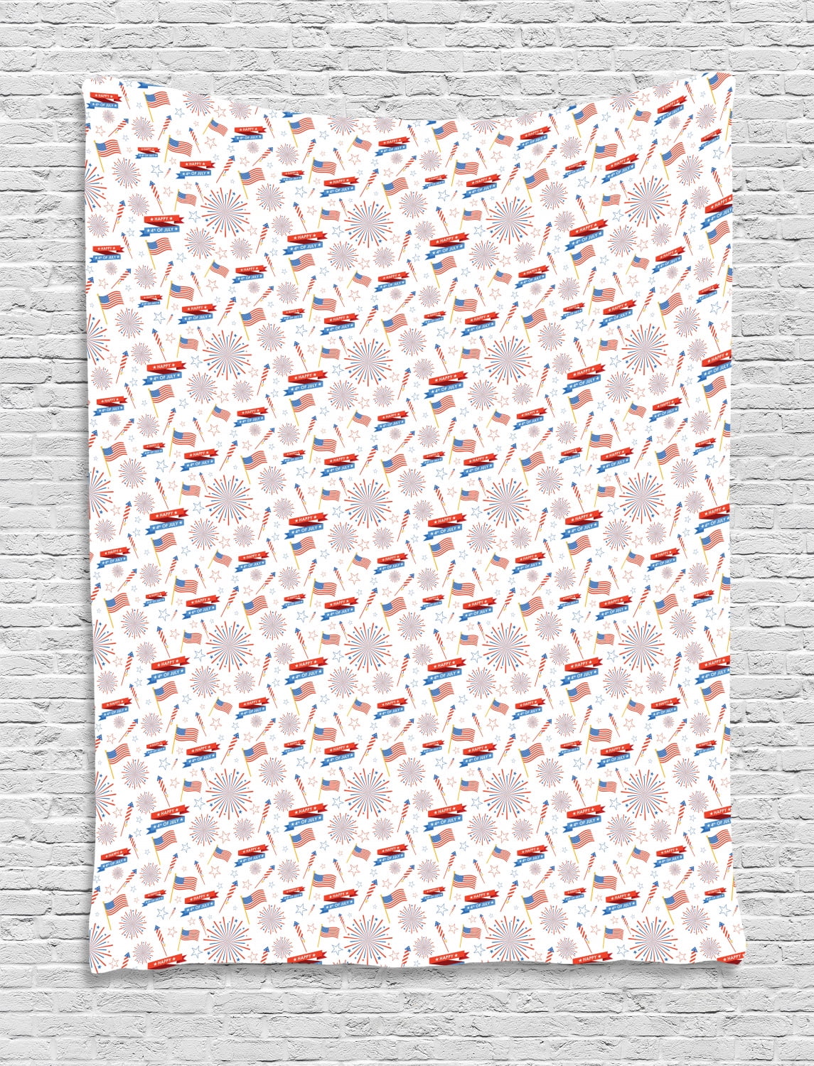 4th of July Tapestry, Patriotic Festive July Holiday with American Celebration Flags and Rockets 